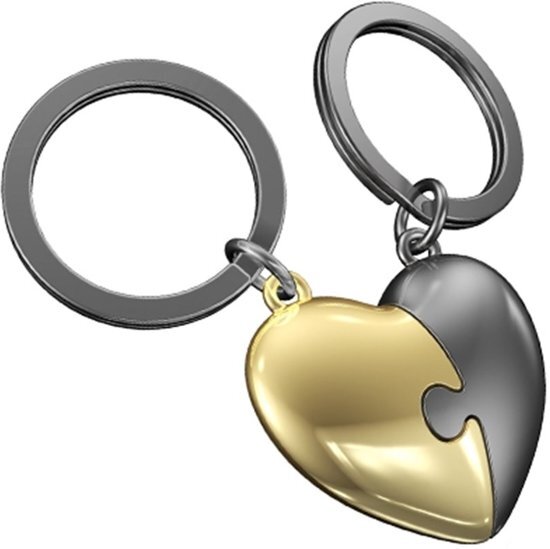 Metalmorphose dubbele sleutelhanger hart nikkel met goud Love Puzzle