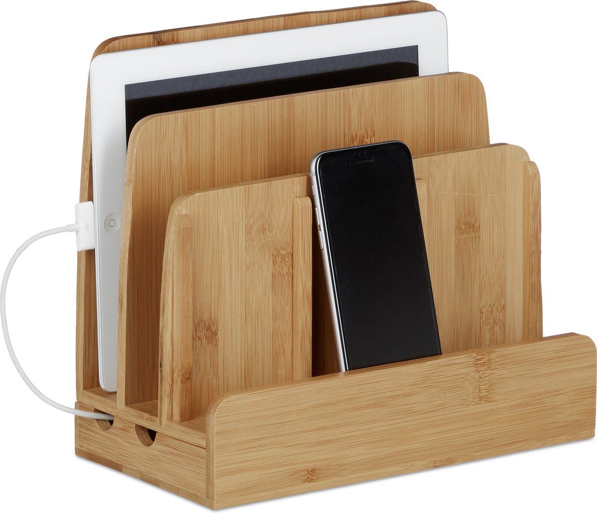 Relaxdays Oplaadstation Bamboe - Smartphone Houder - Houten Laadstation voor Tablets