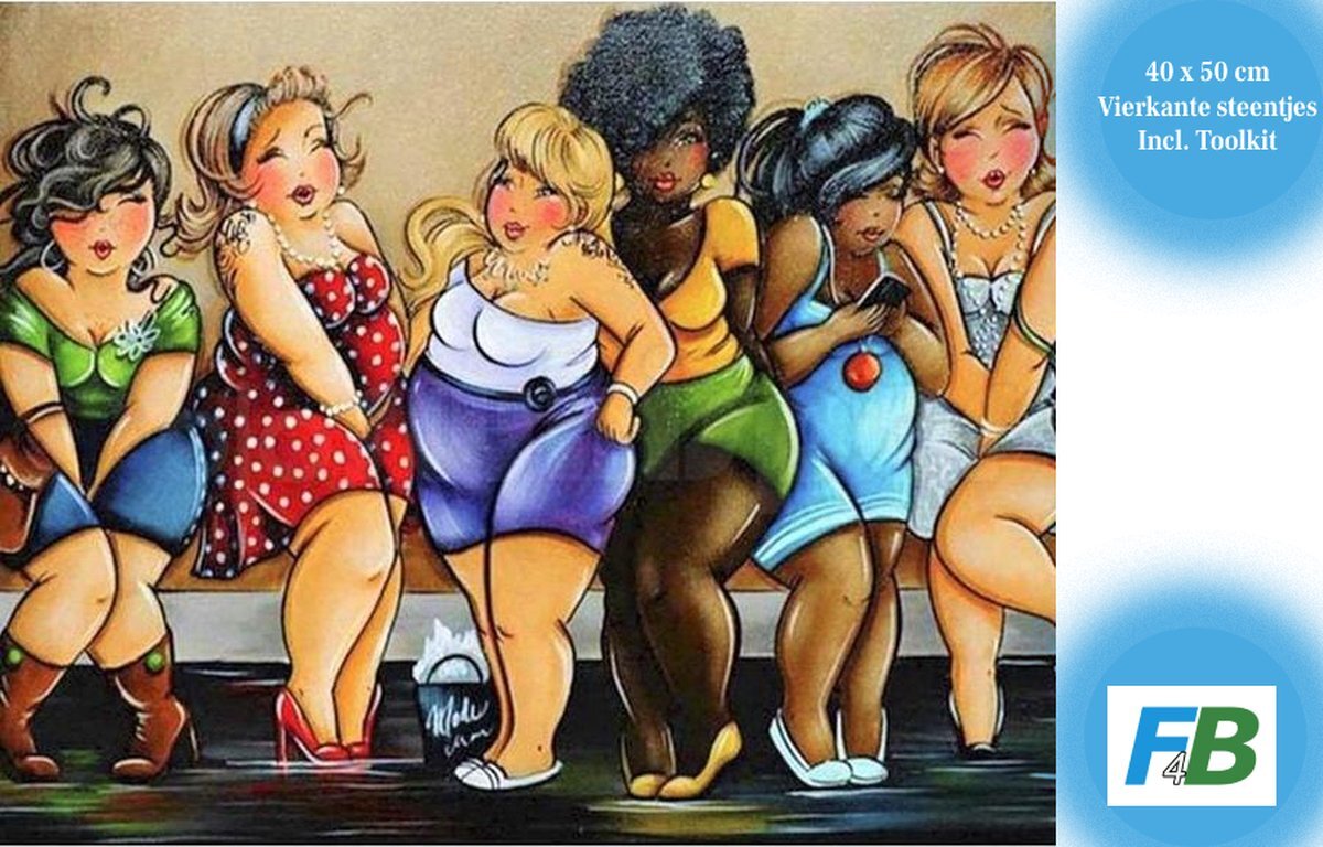 F4B Dikke Dames Wachten in de Rij 40x50 cm | Vierkante Steentjes | WC | Toilet | Diamond Painting Pakket Volwassenen | Volledig dekkend