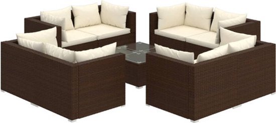 vidaXL 9-delige Loungeset met kussens poly rattan bruin