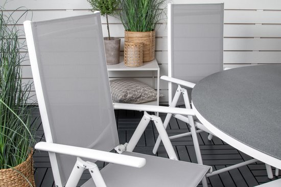 Hioshop Copacabana tuinmeubelset tafel Ø140cm en 6 stoel Break wit, grijs, crèmekleur.