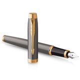 Parker IM-vulpen | grijze lak met gouden details | medium gepolijste roestvrijstalen penpunt | Blauwe inkt | geschenkverpakking