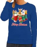 Bellatio Decorations Foute Kersttrui - sweater - kerstsokken met diertjes - Merry Christmas - blauw - voor dames S