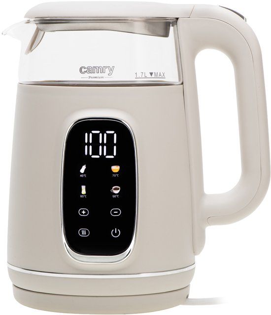 Camry CR 1383 Elektrische Waterkoker – 1,7L – Temperatuurregeling 40-100°C – Glazen Kan – Warmhoudfunctie – LED Display – 2200W – Beige/Zilver
