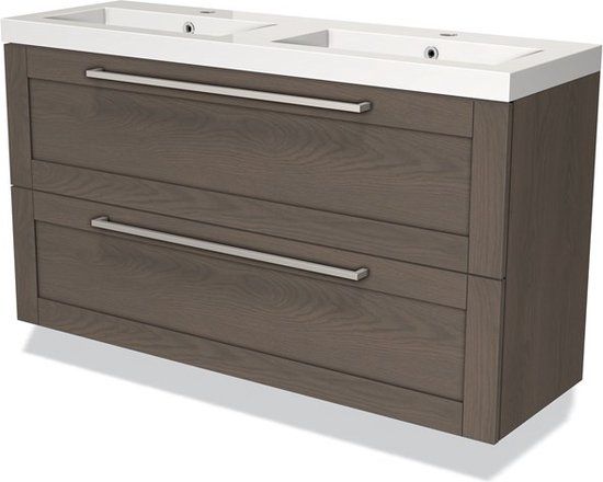 Maxaro Badkamermeubel 120cm Modulo Slim Donkerbruin Eiken 2 Lades Kader Wastafel Mineraalmarmer