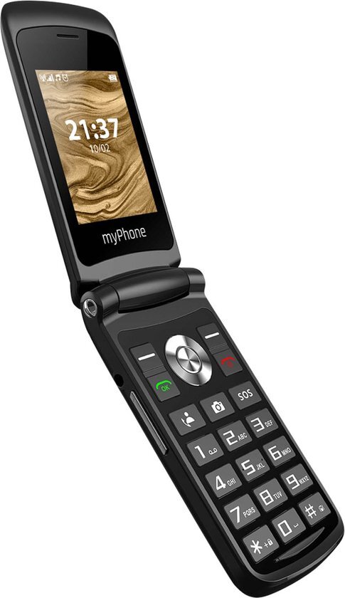 MP myPhone Waltz Seniorenmobiele telefoon zonder abonnement, 2,4 inch display, inklapbaar, klapmobiele telefoon, grote toetsen, 800 mAh batterij, 2G, Dual SIM, camera, zwart