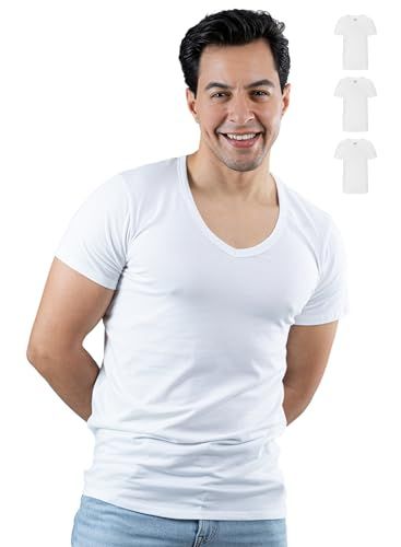 SKIPPER Set van 3 T-shirts voor heren met diepe V-hals, basic stretch T-shirts in zwart, ondergoed van 95% katoen en 5% elastaan, Oeko-Tex gecertificeerd, Wit., XL