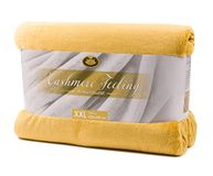 Gözze - Premium kasjmier feel knuffeldeken voor de woonkamer, 500 g/m², 220 x 240 cm, mosterd
