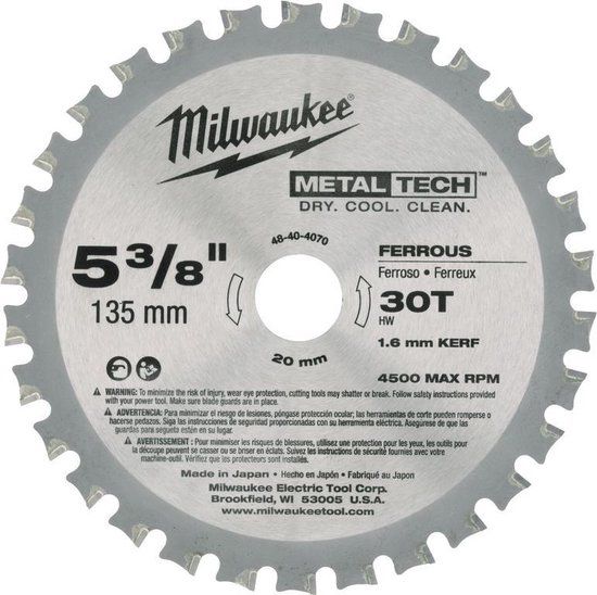 Milwaukee Cirkelzaagblad voor Metaal | Ø 135mm Asgat 20mm 30T - 48404070