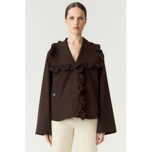 YAS trenchcoat met ruches - donkerbruin