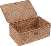 Merkloos / Sans marque Rieten plankmanden met deksel - zeegras opbergmandbakken - rechthoekige handgeweven manddozen - voor planken bureau - thuisorganizer - koffiebruin klein