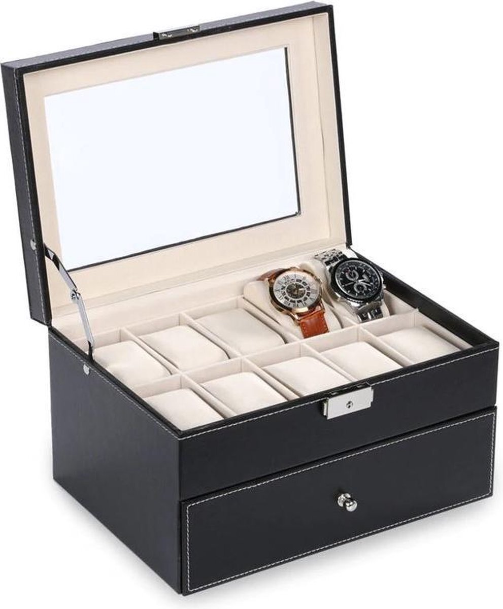 Aretica Luxe horloge en sieraden box geschikt voor 20 horloges - Fluweel - Kunstleer - Zwart