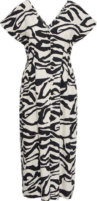 ICHI IHLINNO DR8 Dames Jurk Linnen Zebraprint Korte Mouw V-hals Knopen 34