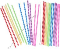 Bellatio Design Drinkrietjes - herbruikbaar - 96x - met borsteltje - kunststof - multicolor - 21 cm