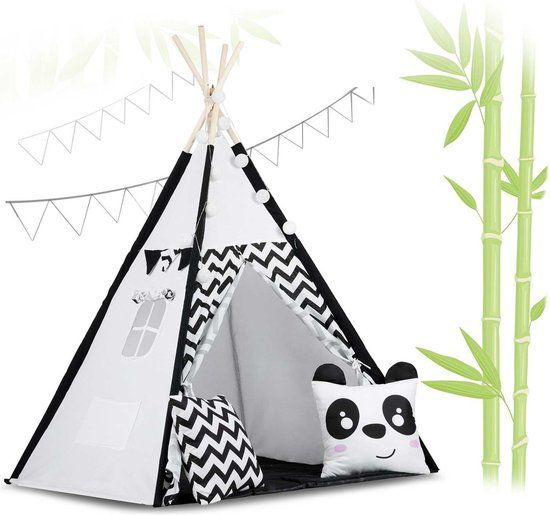 Viking Choice Tipi tent kinderen - speeltent - zwart wit - met kussens en lampjes - katoen - 120x120x175 cm