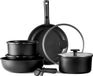Batterie de cuisine 11 pièces compatible induction avec poignées amovibles, Noir, avec revêtement antiadhésif