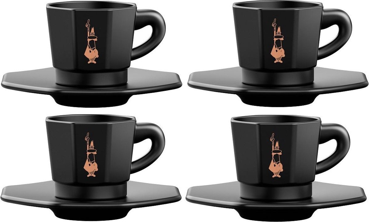 Bialetti Espresso Kop en Schotel - Mat Zwart - set van 4 stuks