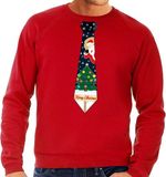 Bellatio Decorations Foute kersttrui - sweater - met stropdas in kerst print - rood - voor heren XL