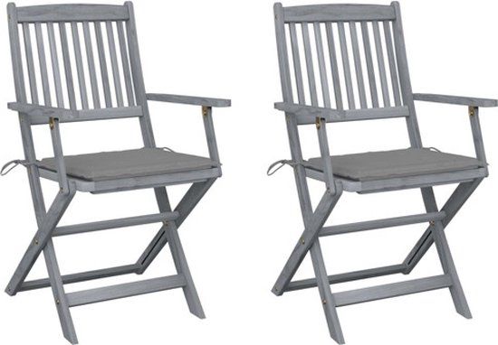 vidaXL Set van 2 klapstoelen met kussens, massief acaciahout, grijs