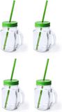 Mason Jar verres - 4x pièces - verre - couvercle vert avec paille - 500 ml - refermable - smoothies aux fruits