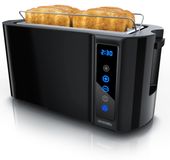 Arendo Langschlitz-Toaster 1500 W für 4 Scheiben, Toastautomat mit Touchpanel, Display mit Restzeitanzeige, 7 Bräunungsstufen, Brötchenaufsatz, Edelstahl, schwarz hochglanz