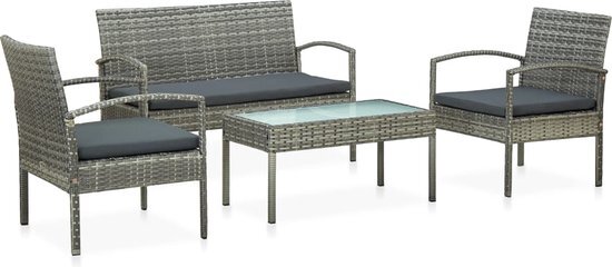 vidaXL 4-delige Loungeset met kussens poly rattan grijs