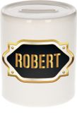 Bellatio Decorations Shoppartners Bv Spaarpot met voornaam Robert - wit - met goud/zwart embleem - 8 x 9 cm - keramiek - met afsluitdop - cadeau verjaardag