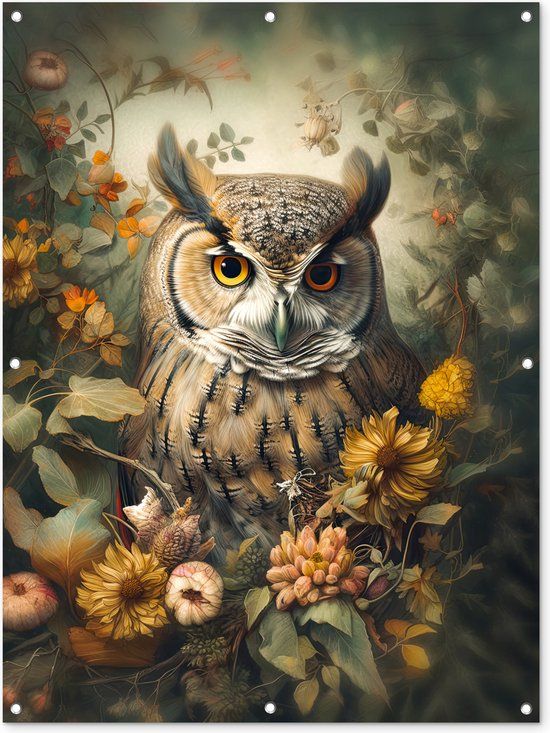 GreatGardenPosters Tuinposter Uil Vogels Bloemen Natuur - 90x120 cm - Tuin - Buitenposter