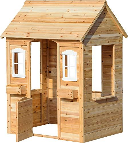 dobar® 94810FSCe Speelhuis met bloembakken, outdoorhuis voor kinderen, 1,10 m hoog, tuinspeelhuis van massief hout, weerbestendig kinderhuis met ramen, 107 x 92 x 144,5 cm, naturel