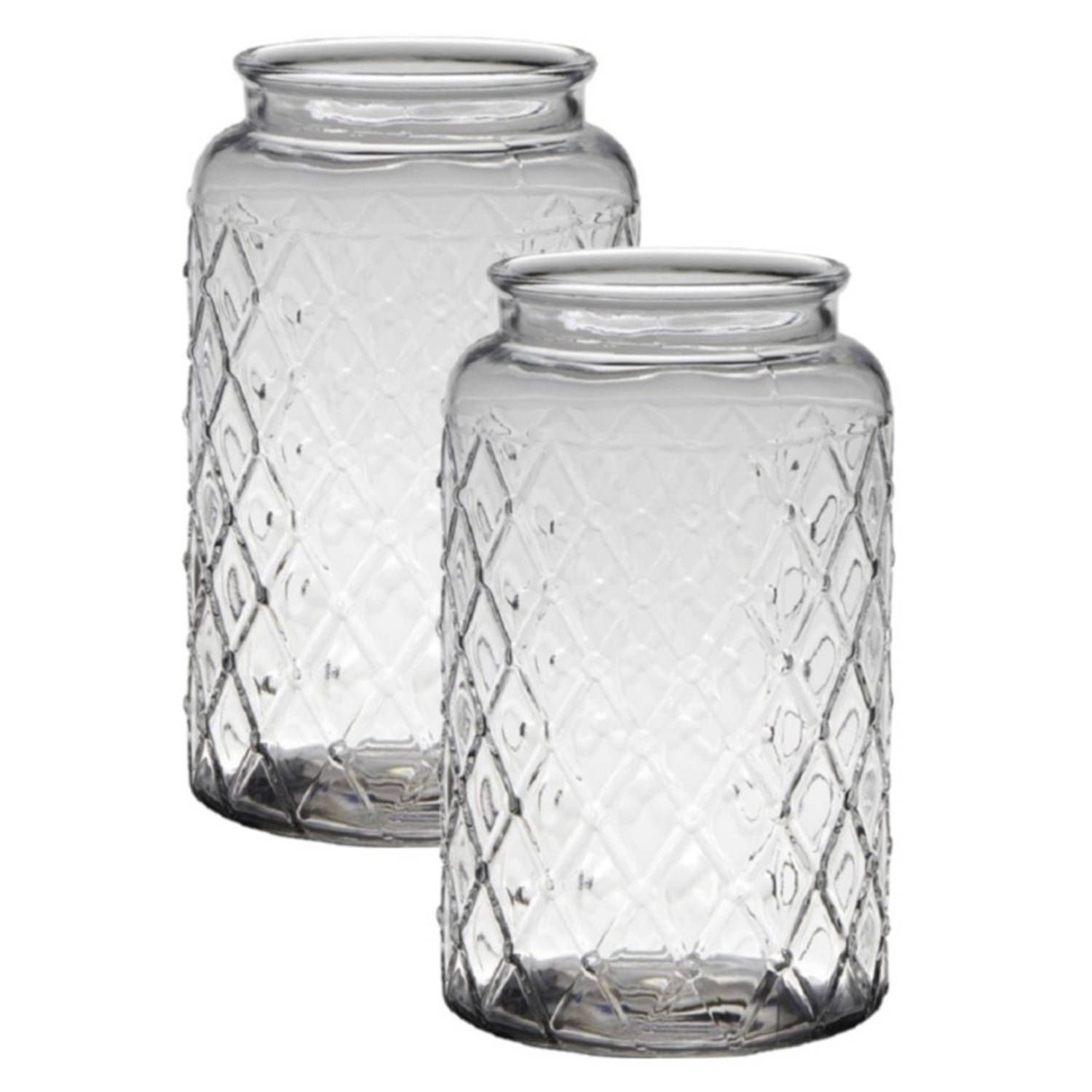 2x Transparante bloemenvaas met ruitjesprint - Glas - 26,5 cm x 16 cm