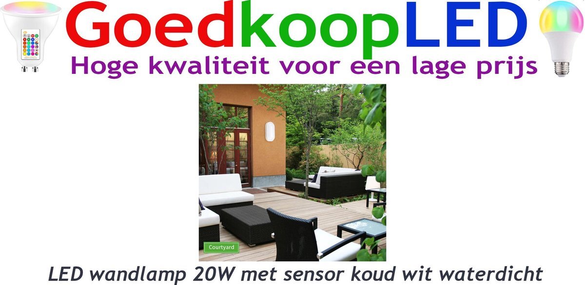 GoedkoopLED LED wandlamp 20W met sensor koud wit waterdicht