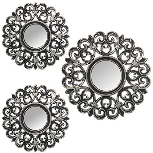 DRW Set of 3 Round Wall Lamps with Mirror Melamine Silver 35 cm - 25 cm 2 Pieces