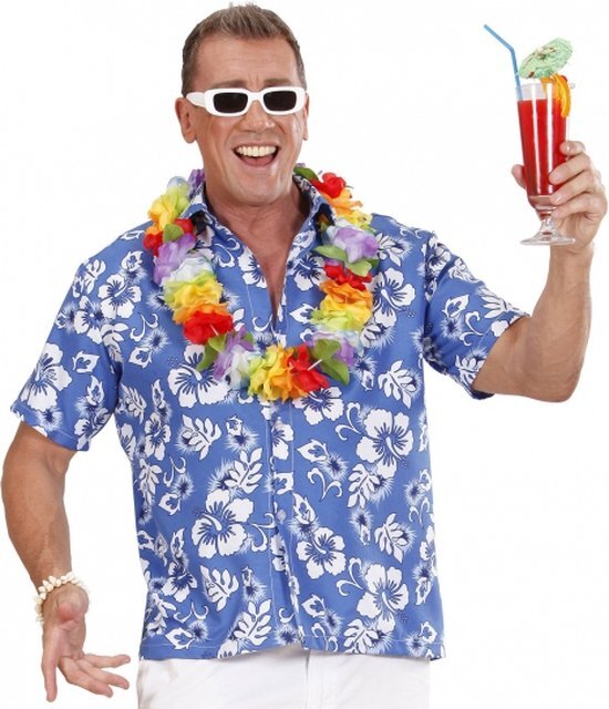 Fun & Feest party gadgets Hawaii blouse blauw met witte bloemen M/l
