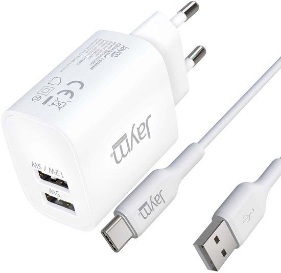 Jaym Wandlader Pakket 2 USB-A 2.4A 12W met USB-A naar USB-C Kabel 2m, Wit