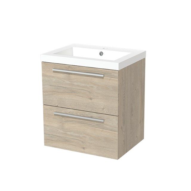 Maxaro Badkamermeubel 60cm Modulo Lichtgrijs Eiken 2 lades Vlak Wastafel Mineraalmarmer