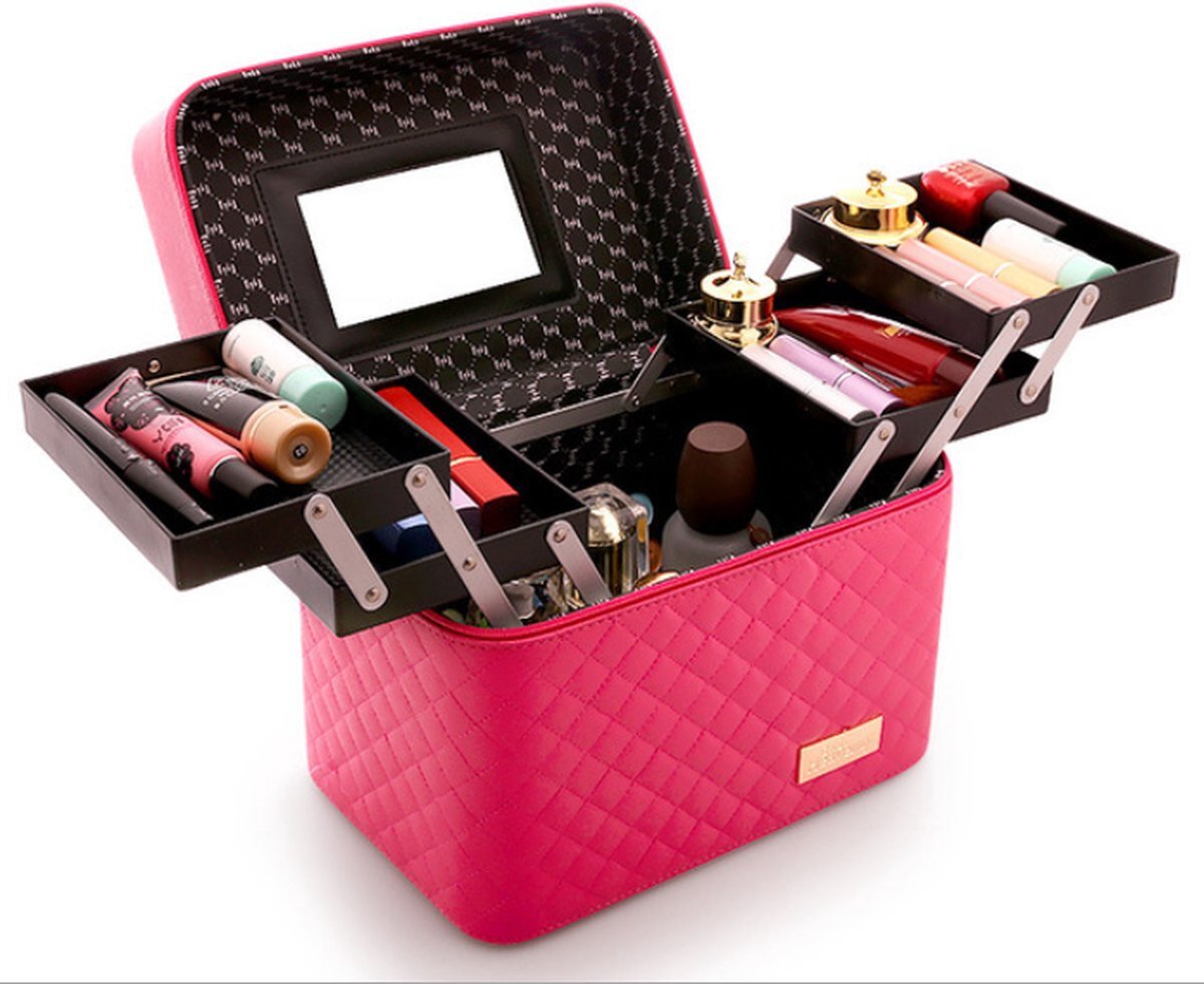 K:A Make Up Koffer | Uitklapbaar | 5 Opbergbakken | Reis Travel Case | met Spiegel | Roze