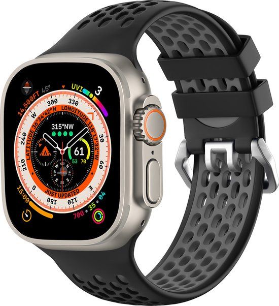 Strap-it Sportbandje met gesp - Geschikt voor Apple Watch bandje - Series 1/2/3/4/5/6/7/8/SE - Zwart/Grijs - Siliconen bandje voor sport - Loop iWatch bandje maat: 38 mm 40 mm 41 mm