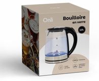 ONLI Bouilloire électrique en verre, ON1015N, 1,8 litre, 1500 watts, socle 360°, éclairage LED bleu, filtre anticalcaire, acier inoxydable