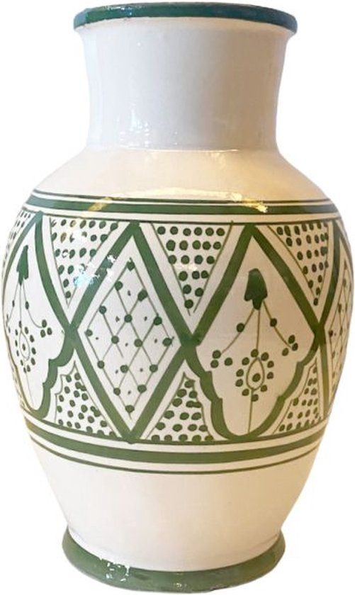 Merkloos Marokkaanse Hand Geschilderd Vaas Lichtgroen - 20 cm - Wit/Groen