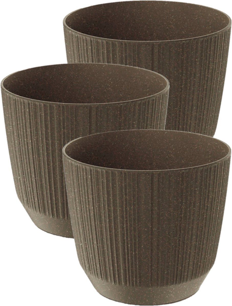 Prosperplast 3x stuks moderne carf-stripe plantenpot/bloempot kunststof dia 13 cm/hoogte 11 cm eco/aarde bruin voor binnen/buiten