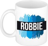 Bellatio Decorations Robbie naam cadeau koffie mok - beker - met blauw verfstrepen - Cadeau collega - vaderdag - verjaardag - meester - coach - 300 ml - wit
