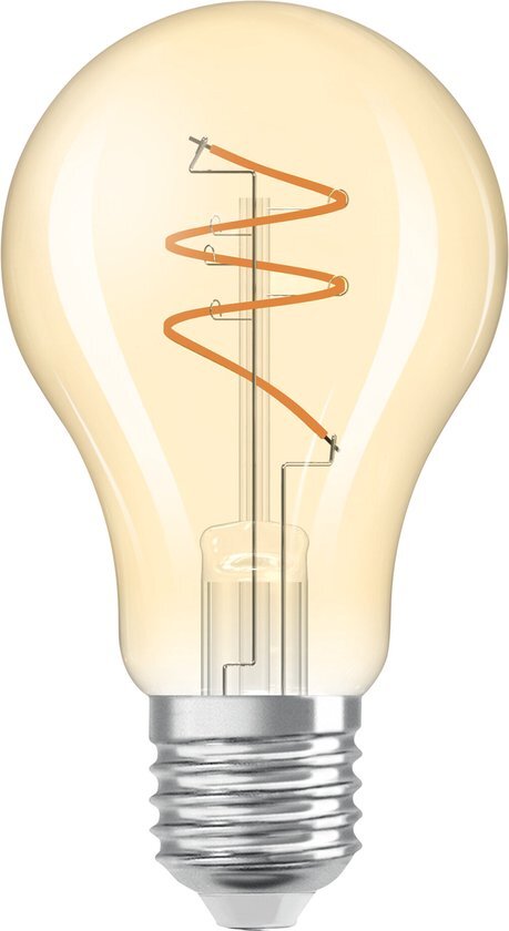 OSRAM Vintage 1906 Classic is a warm white LED lamp with a spiral filament in a classic piston shape. It offers 4.9 W for 470 lm, E27 socket, gold-coloured glass, 60 mm diameter, 2,200 K.