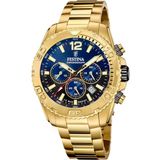 Festina F20684/2 Heren Polshorloge Chronograaf Goudkleurig Staal Blauwe Wijzerplaat 10 ATM