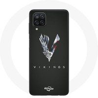 Maniacase Hoesje voor Samsung Galaxy A12 Vikings serie seizoen 6 logo V zwaard grijs zwarte achtergrond