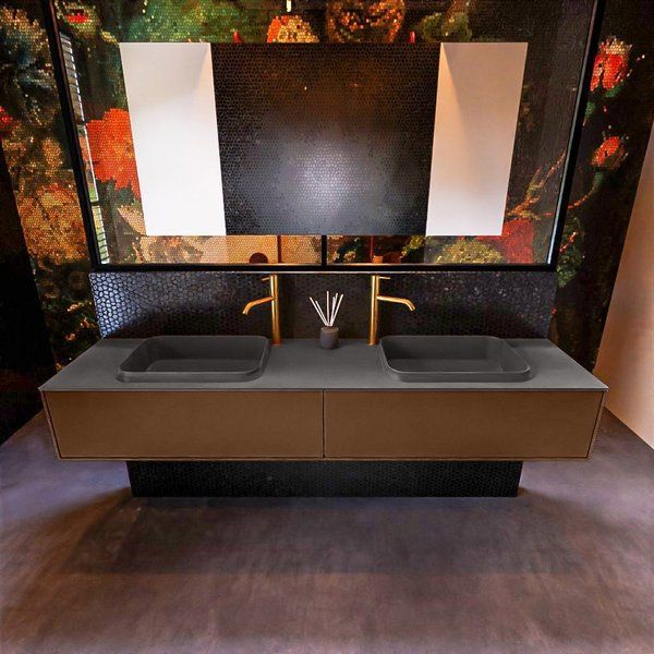 Mondiaz ERIN 200cm badmeubelset onderkast Rust met 2 lades Wastafel RIDGE dubbel 2 kraangaten Dark grey