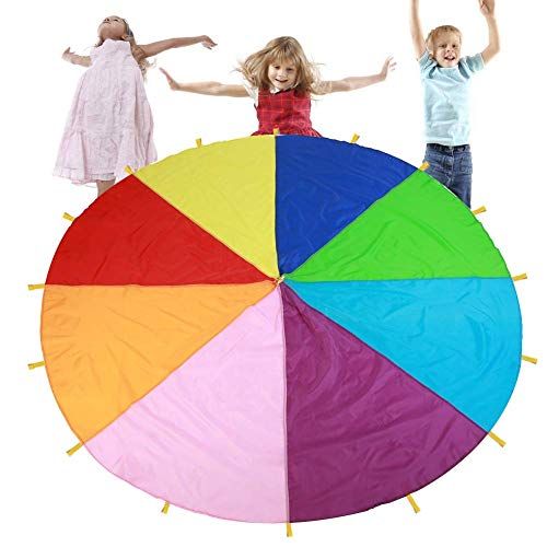 Hztyyier Multicolor Rainbow Parachute Kids Play Parachute Toy, Children's Sports Team Building Parachute For Teamwork Game Parachute Toy met handgrepen (6M)