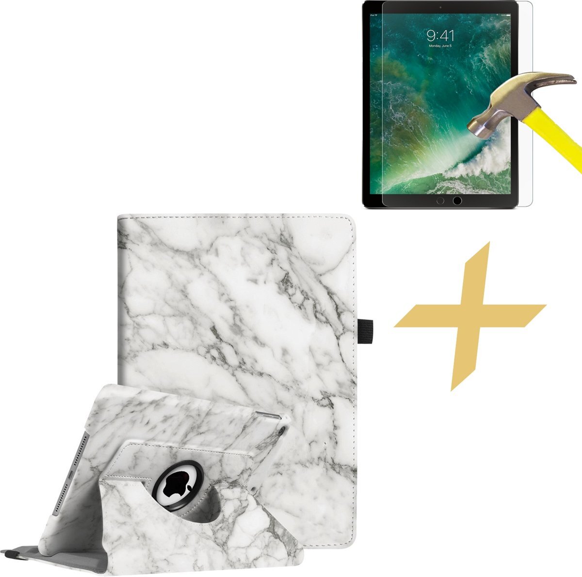 iCall Apple iPad 9.7 2017 / 2018 Hoes Marmer Wit 360 Graden Draaibaar Book Case Leer + Screenprotector Tempered Glass - Hoesje Cover van