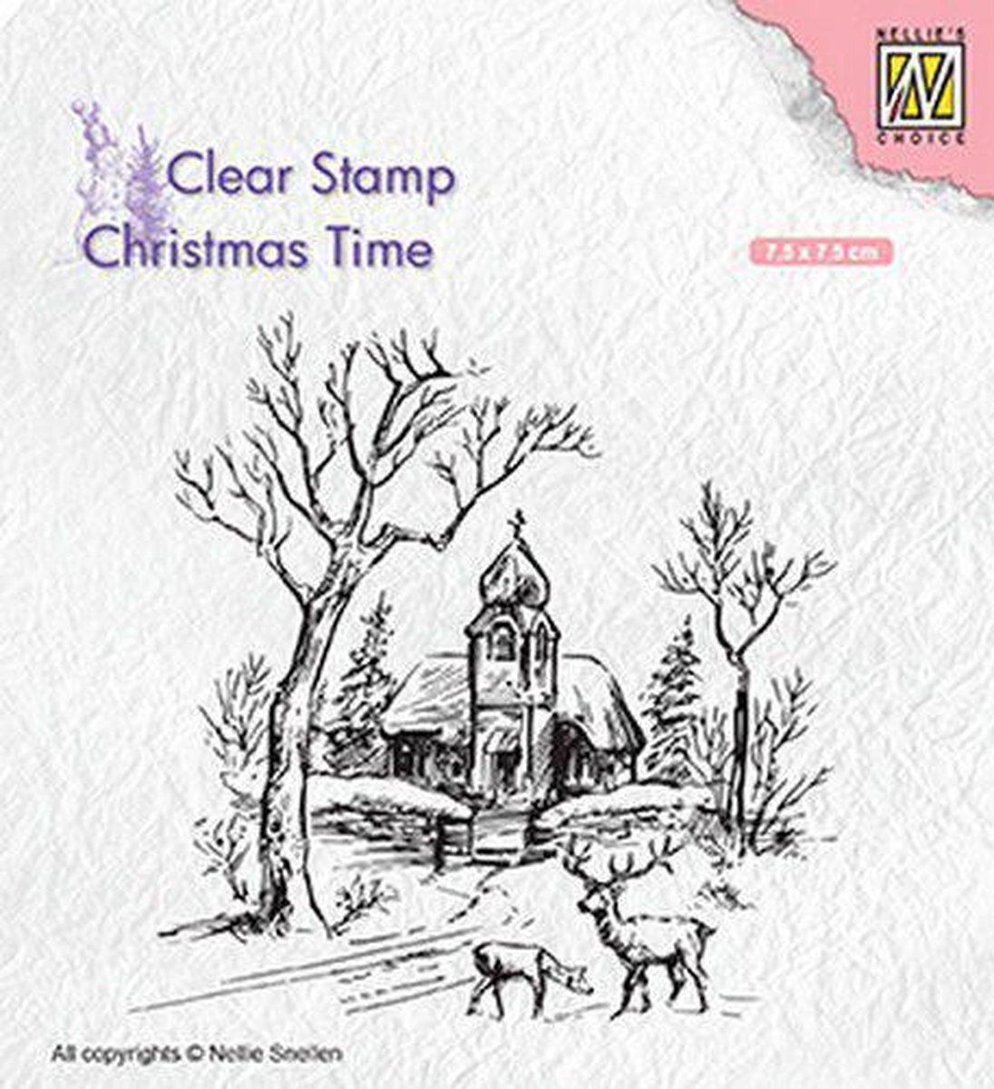 Nellie`s Choice CT027 Stempel Nellie Snellen - Clear Stamps Christmas time - Wintery scene with church & reindeer - kerst dorpje met kerk en rendier