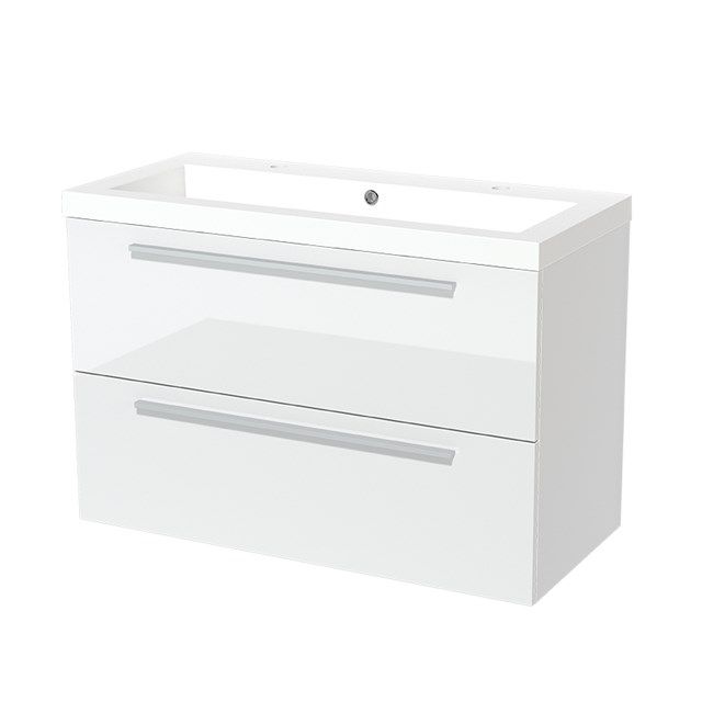 Maxaro Badkamermeubel 100cm Modulo Hoogglans Wit 2 Lades Vlak Wastafel Mineraalmarmer