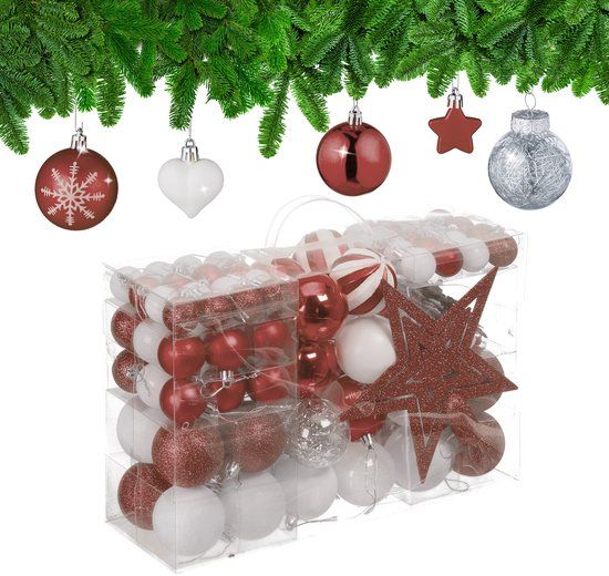 Relaxdays Kerstballen - Set van 101 - Plastic - Onbreekbaar - Bruin/Wit